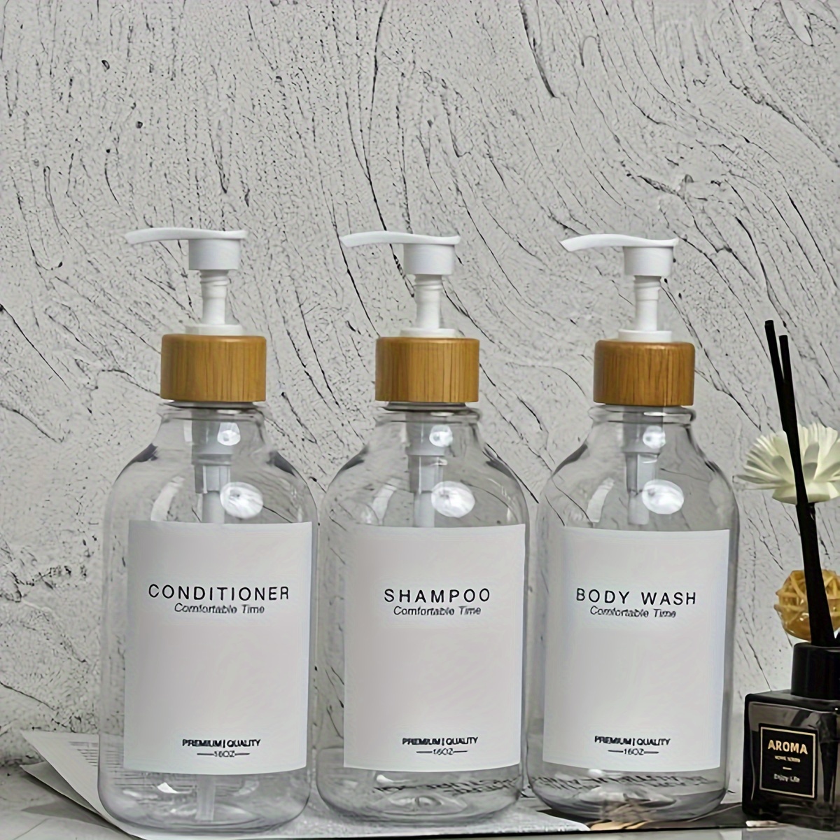 

3pcs Bathroom Accessory Set - Refillable 16.9oz Plastic Dispensers For Shampoo, Conditioner, - Labelled Bottles - No - For Bathroom Decor And Gifting