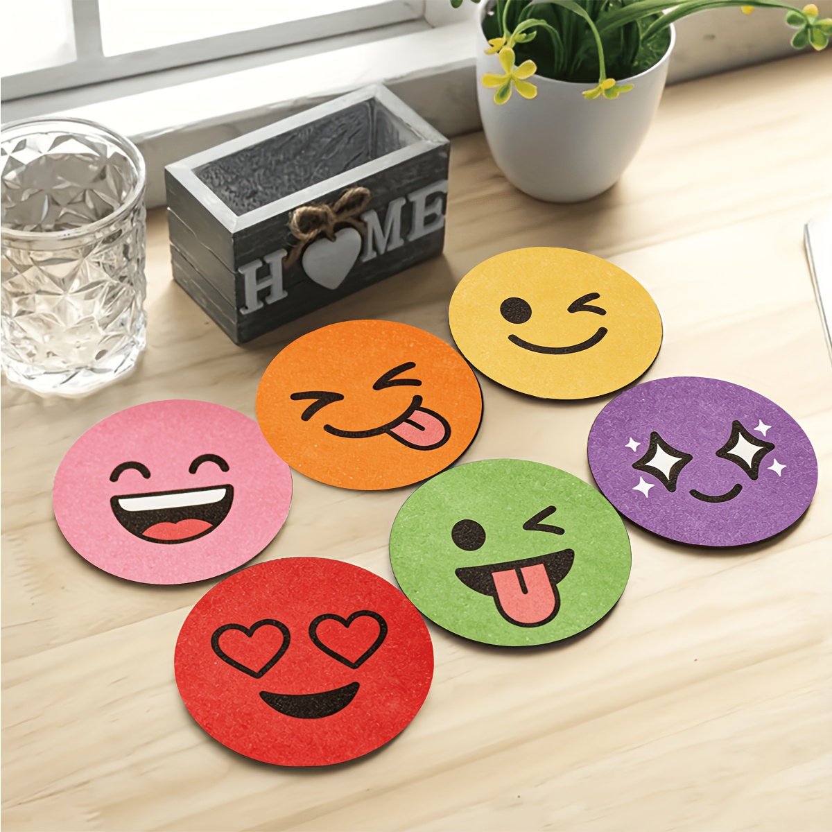 TEMU 6pcs Creative Fun Round Wooden Coasters, Suitable For Restaurant And Home Party Decoration, Heat-resistant Non-slip Drink And Coffee Cup Pads,