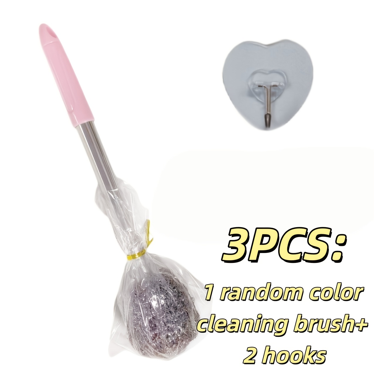 TEMU Three-piece Set (1 Random Color Stainless Steel Cleaning Brush + ), Equipped With A Long Handle, Durable And Sturdy, Suitable For Bathrooms,