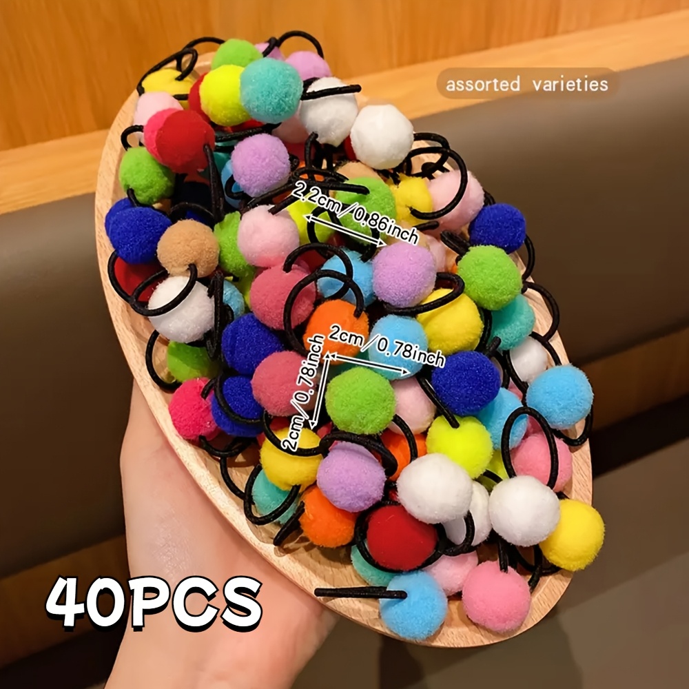 TEMU Random 10//40pcs Of Colored Pompom Hair Rope, Rubber Band, New Kindergarten Girl Cute Mixed Color Hair Tie, High Elastic Princess Headwear