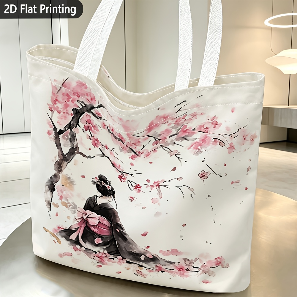 TEMU 1pc, Women's Shoulder Bag, 2d Flat Cherry Geisha Watercolor Theme Printed Pattern Shoulder Bag, Exquisite Women's Handbag, Reusable, Fine , Home