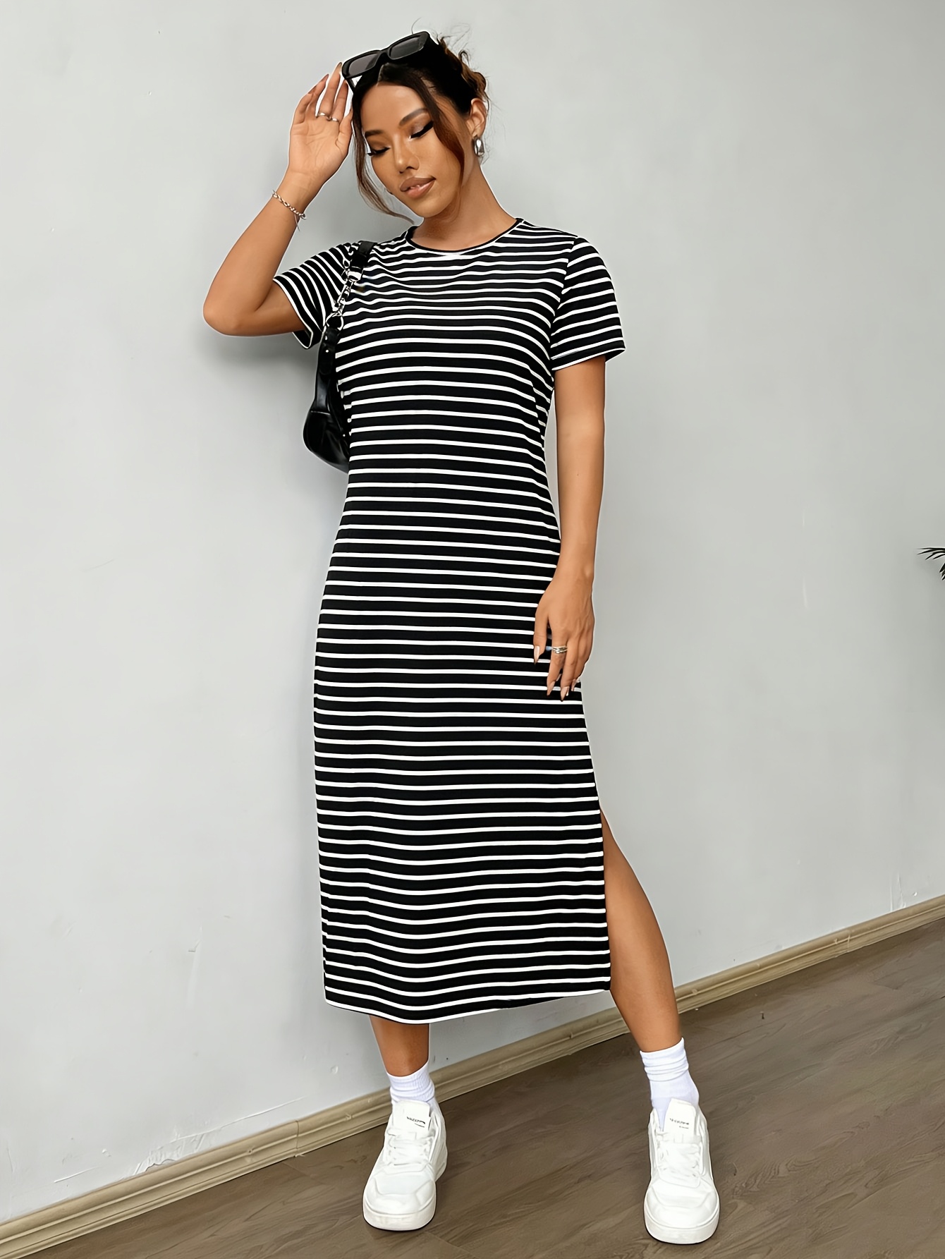 black white striped t shirt dress Black And White Stripe T-Shirt Dress main image 0