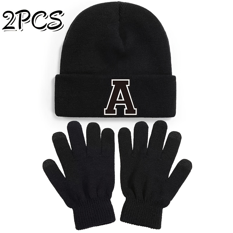 Image of 2pcs Set Of '-letter Knitted Hat And Knitted Gloves, Suitable 3, Versatile Cold-proof Accessories, Suitable For Men And Women, A For Daily When Going Out, And An Gift For