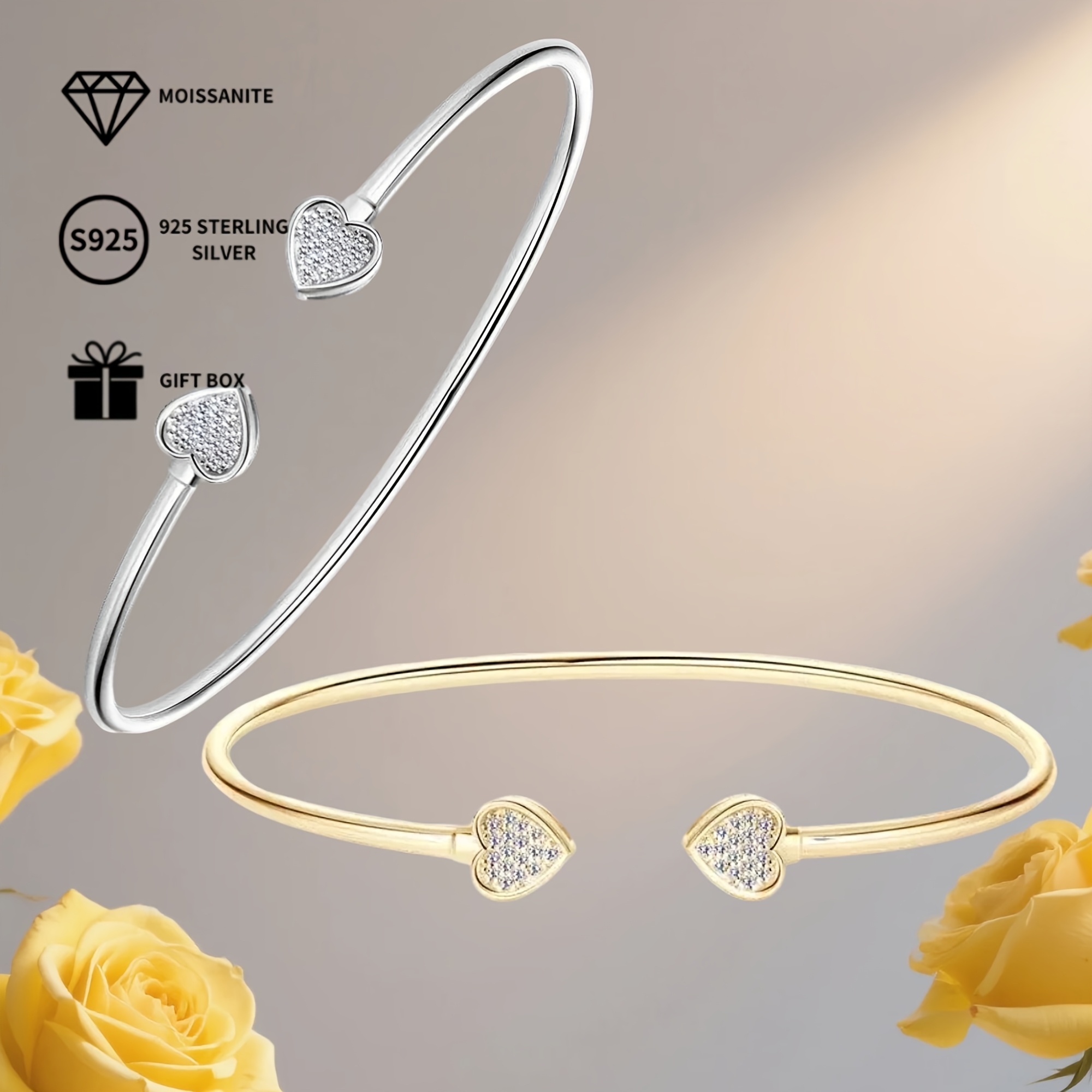S925 Silver Heart Bracelet w/ Moissanite Stones, Adjustable Bangle
