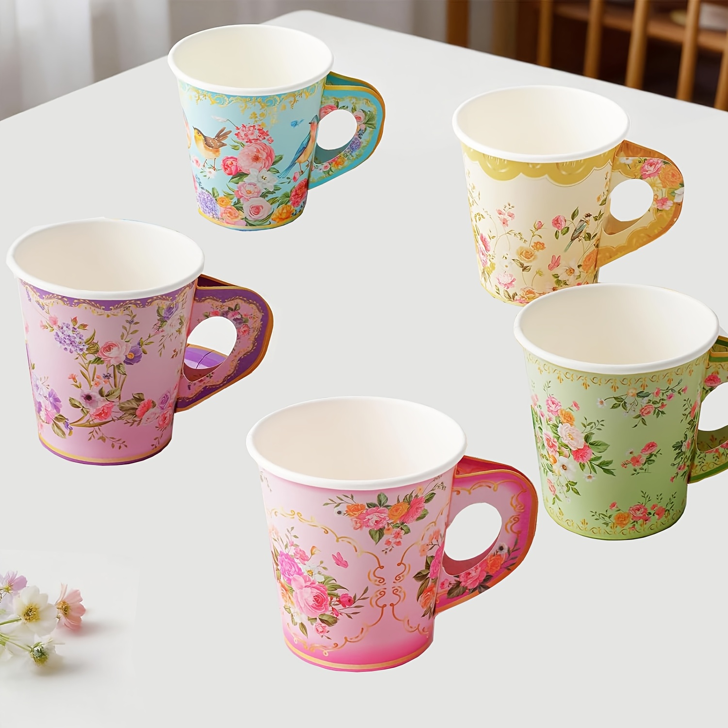 TEMU 20pcs/50pcs 7oz Disposable Floral Tea Party Paper Cups With Handles, Suitable For Weddings, Parties, Mother's Day, Baby Christenings, And Spring
