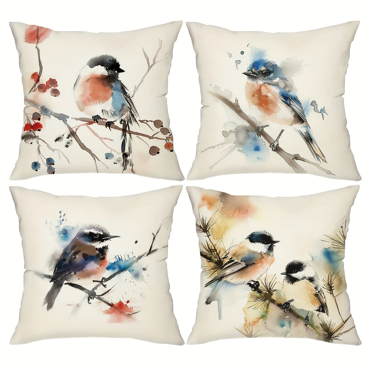 

Rustic Watercolor Bird Pillow Covers - Set Of 4, Linen Blend, Zipper Closure, 18x18, Suitable For Sofa, Patio, Living Room, Outdoor Decor, No Insert Included