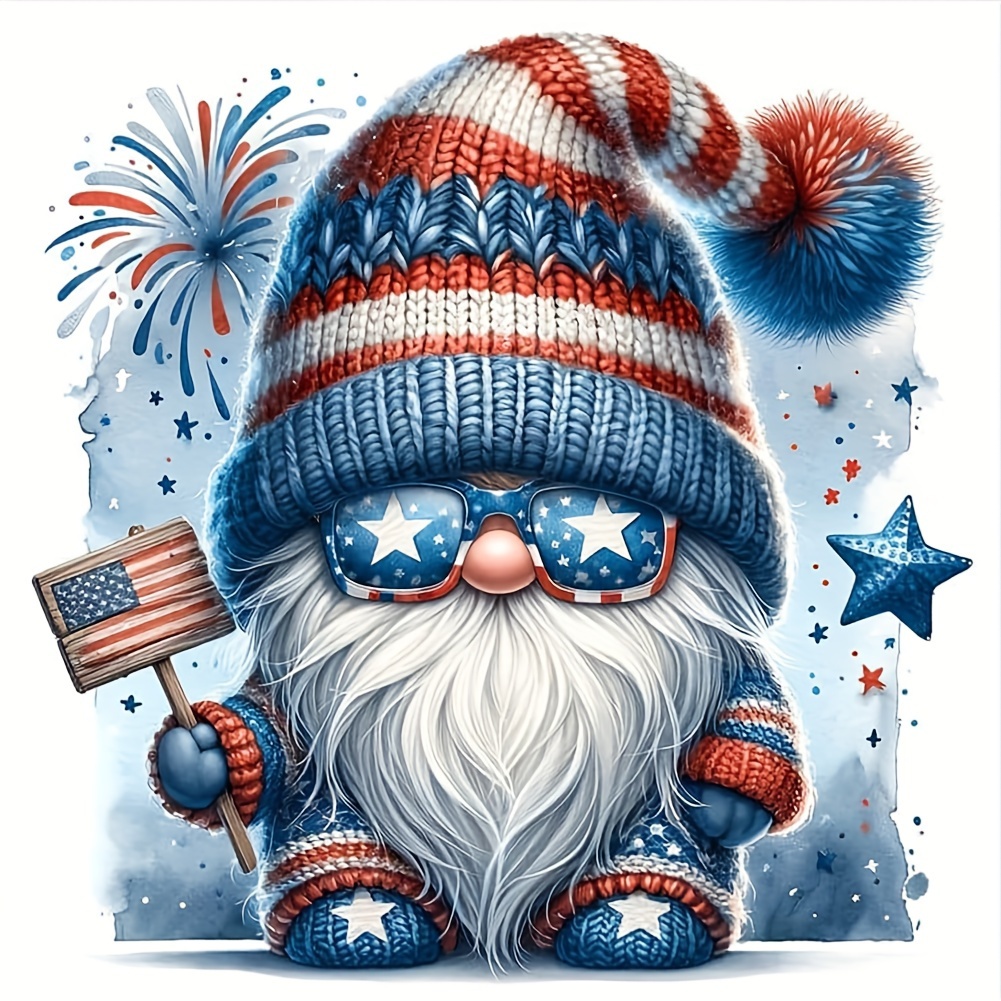 

Festive Gnome Diamond Painting Kit: Adorable Cartoon Gnome In Patriotic Hat And Glasses - Perfect For Diy Enthusiasts And Home