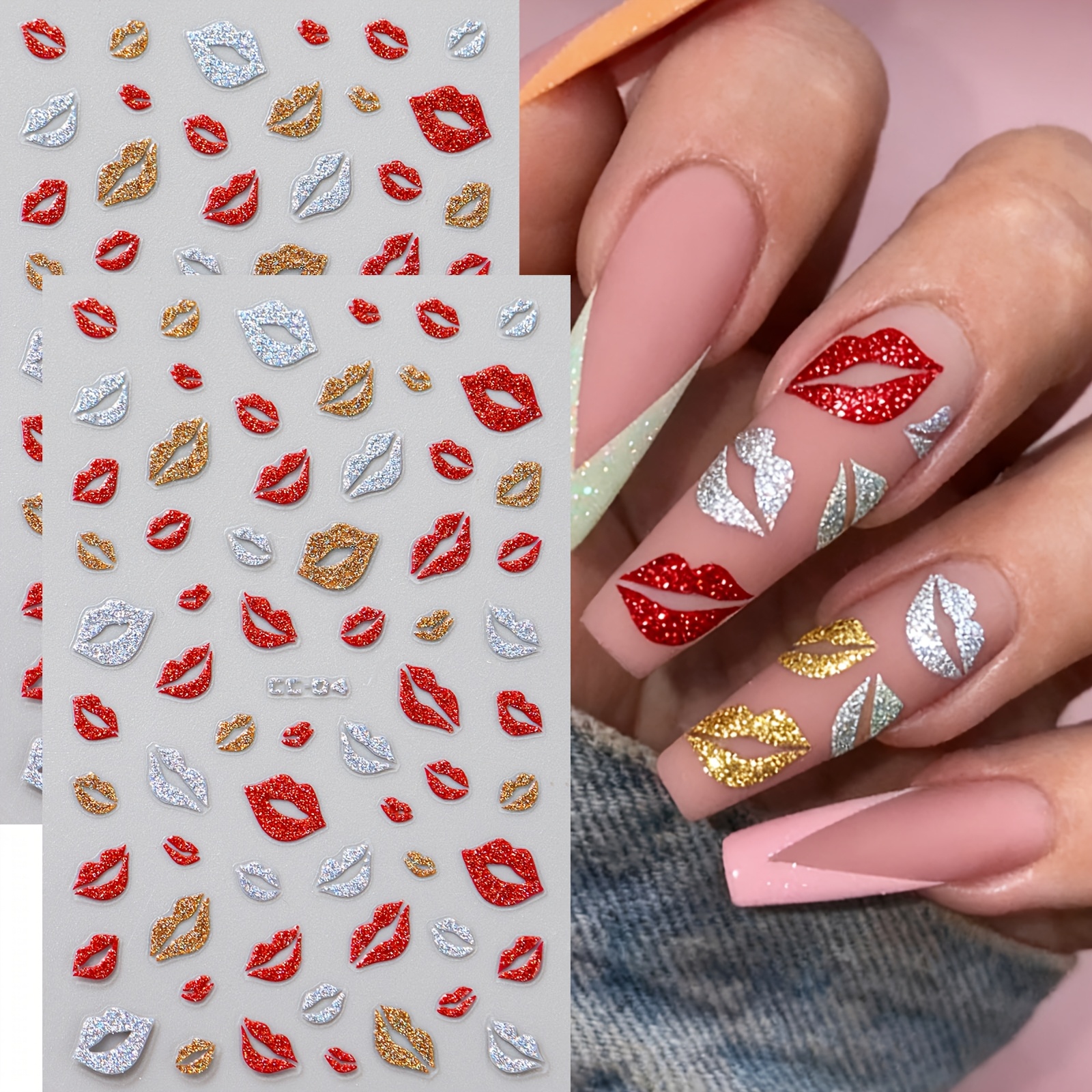2pcs Red Glitter Lips Valentine's Day Nail Stickers Shiny Nail Art Decals New Year Nail Supplies Diy Nail Charms Decorations