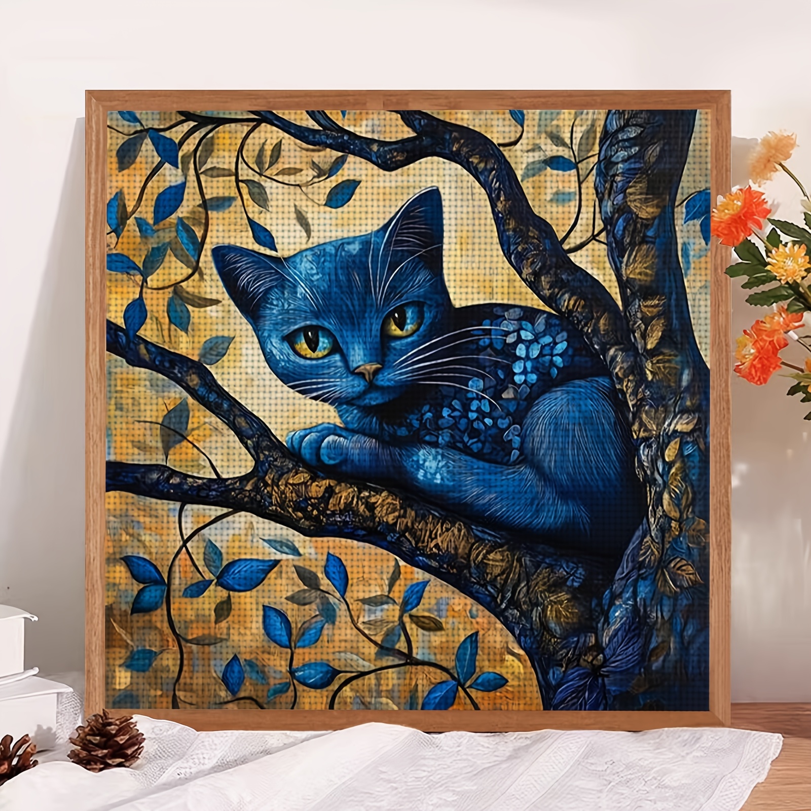 Cross-Stitch Printing Kit, Blue Cat on a Branch Design