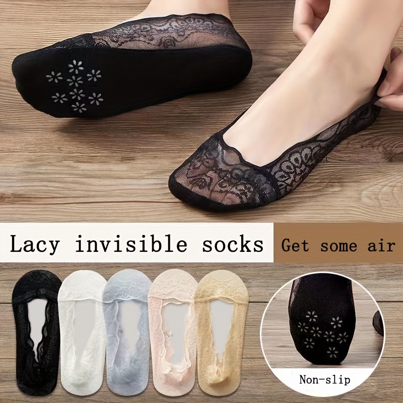 

5 Pairs Women's Lace Invisible Socks, No-show Breathable Sole, Non-slip Summer Shoe Liners In Assorted Colors