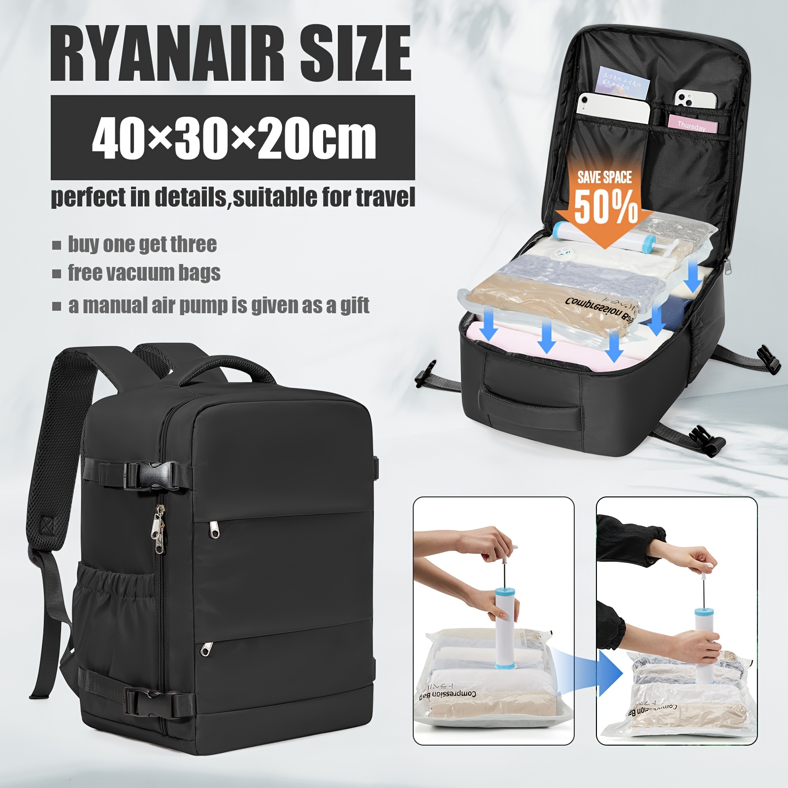 TEMU COOWOZ da Cabina Ryanair con Sacchetto di Compressione Sottovuoto e Pompa - da Viaggio , Valigia Capiente Risparmio , per ��, Borsa Weekend per