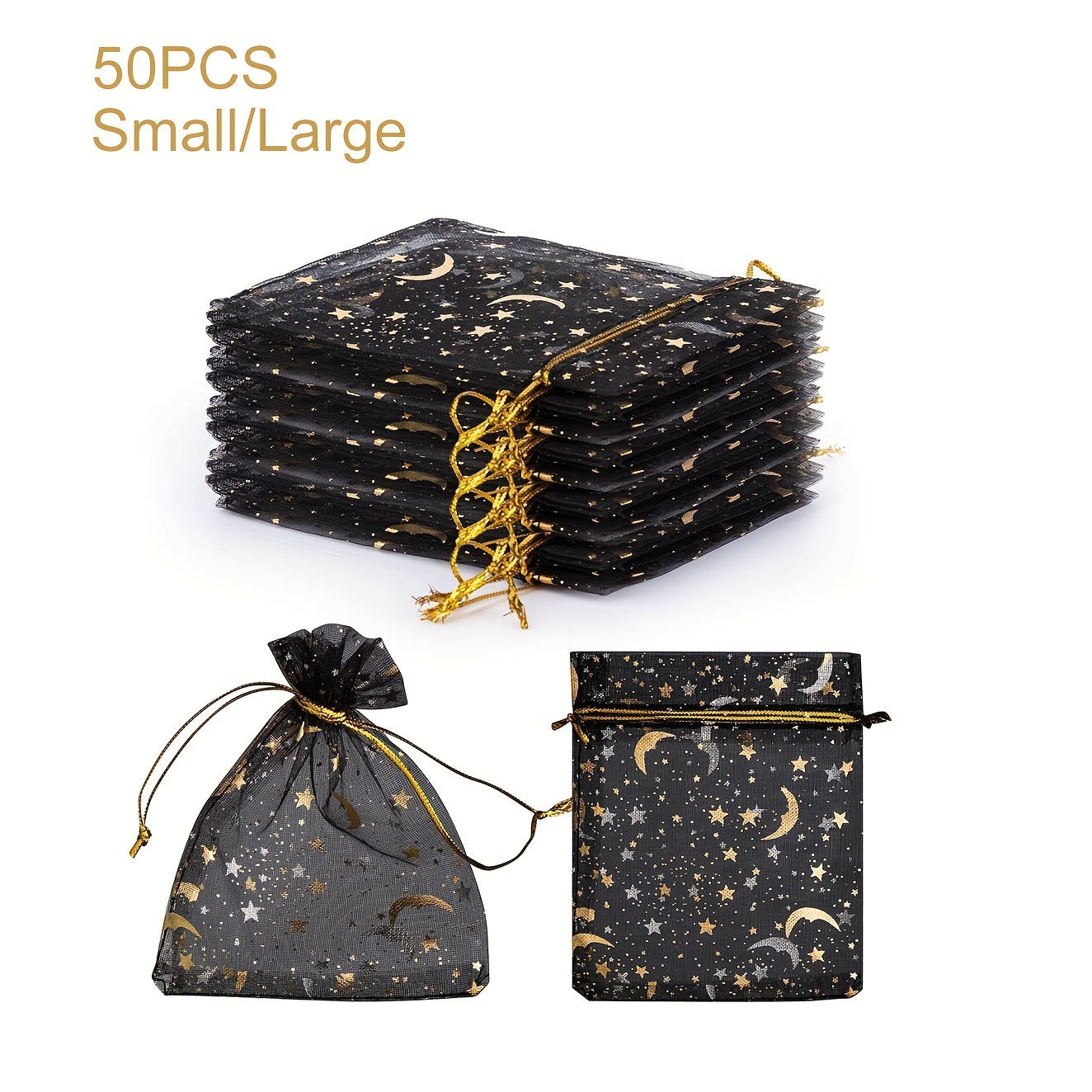 

50pcs, Moon Star Printed Orchid Organza Bags Candy Gift Stars And Moon Black Bag, Makeup Organza Favor Net Gift Bags, Drawstring Goody Bags For Party, Jewelry, Festival (4*6inch, 5*7inch)