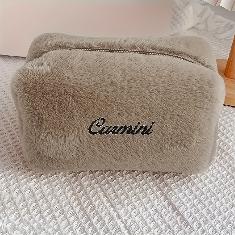 TEMU Gepersonaliseerde Make-up Tas met Naamborduursel, Reis Make-up Borstelkas voor Dames, Pluche Cosmetische Tas, Studenten Schrijfwaren Tas, Bruids