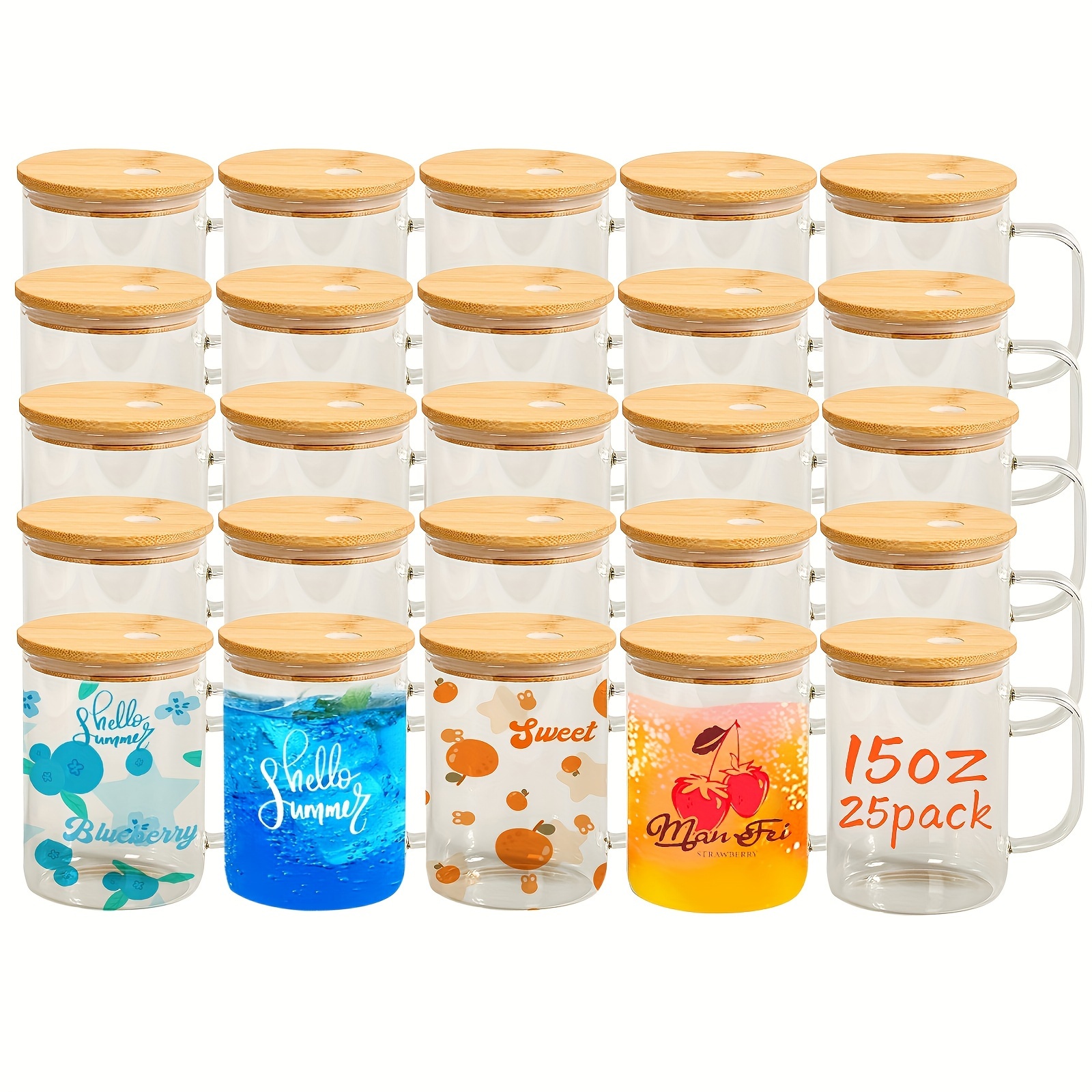 

25 Pack 15oz Sublimation Blank Clear Mugs With Bamboo Lids And Plastic Straw