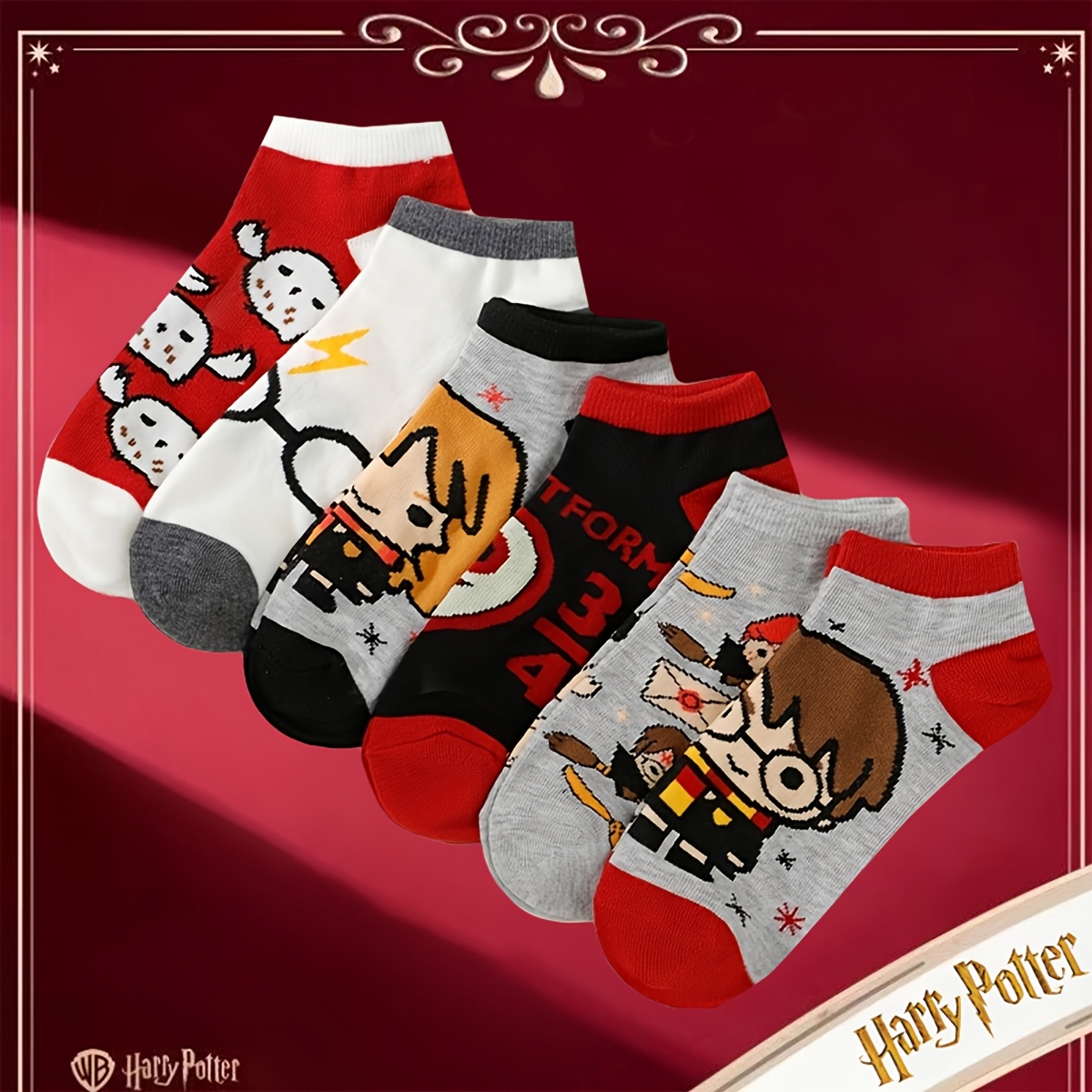 TEMU 6 Pairs Unisex Harry Potter Cartoon Print Short Socks, Cute Hedwig Owl, Glasses, And 9 And 3/4 Platform Patterns, Soft Breathable Casual Socks,