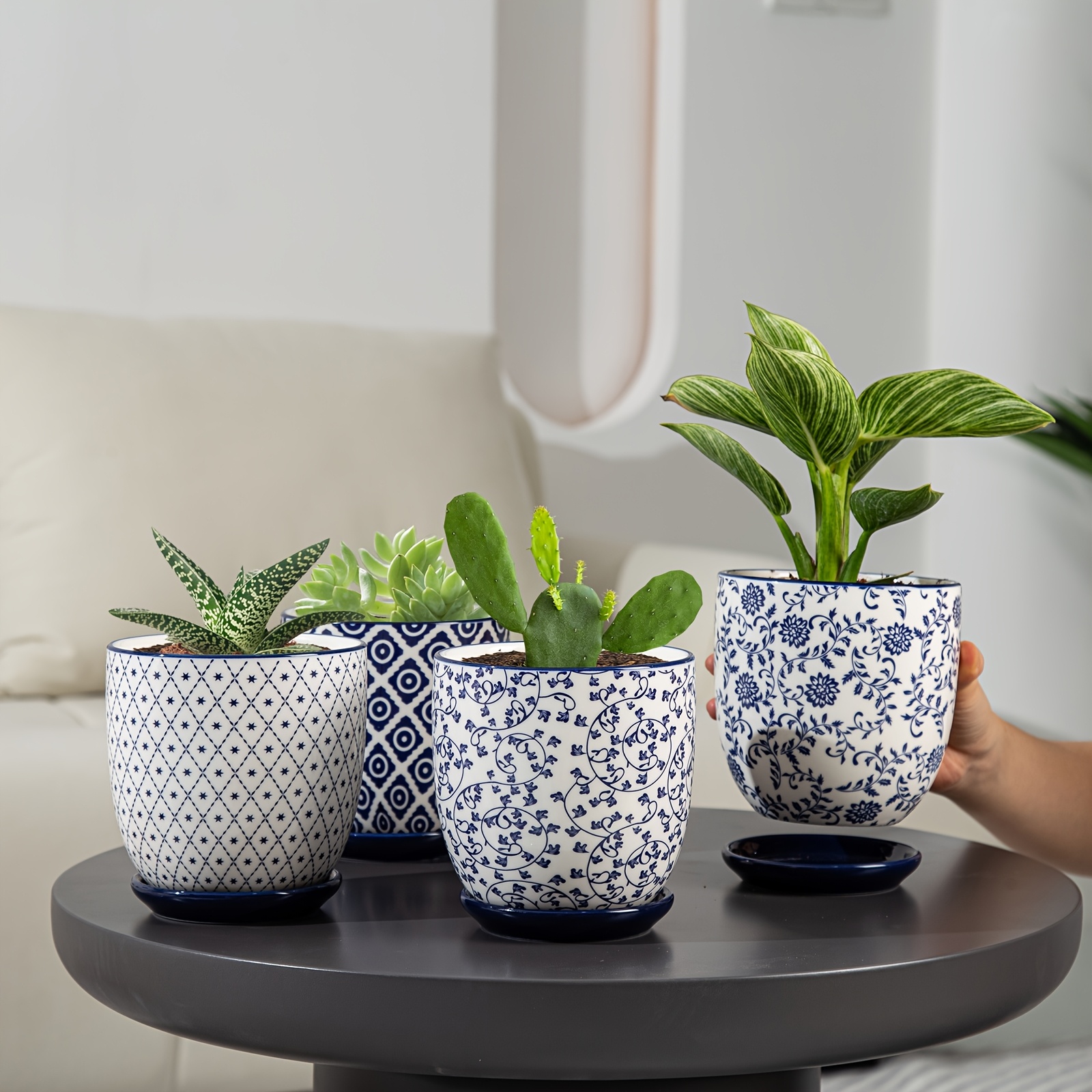 

4pcs Classic Floral Ceramic Planters With Drainage Holes & Saucers - Round Indoor Flower Pots For Cactus, Herbs, Small Plants - Decor For Windowsill & Tabletop