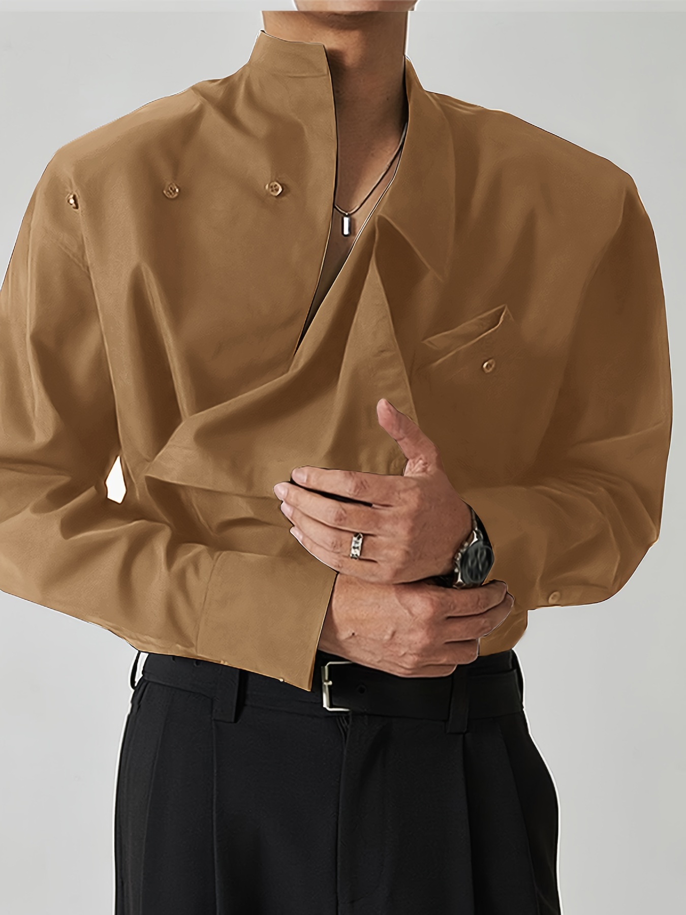 2024 cross border autumn new mens solid color casual shirt   sense   collar tie up irregular long sleeve lapel shirt   performance outfit