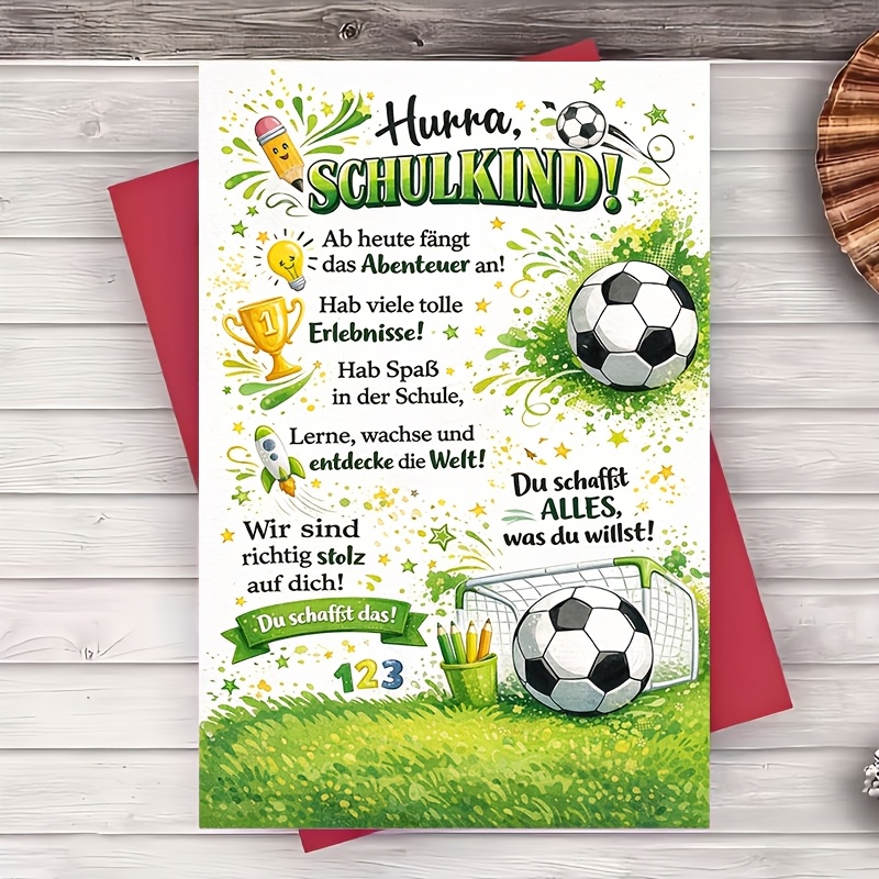 E-shop Eine Fußball-Themen-Glückwunschkarte mit Umschlag zum Feiern des ersten Schultags, als Geschenk von Familie und Freunden, um Schüler zu