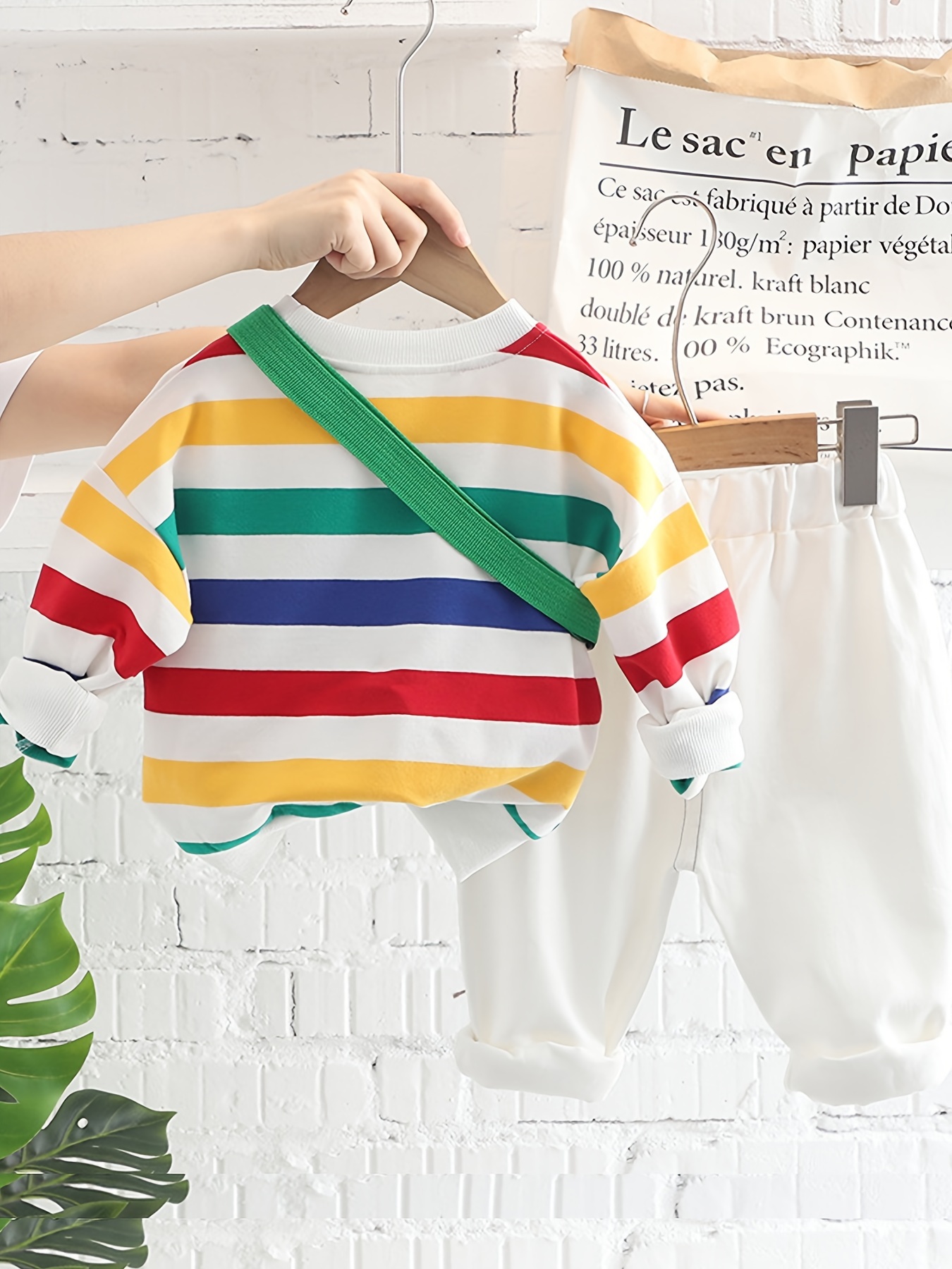 Children's autumn clothing, boys and girls, 2024 autumn clothing boys set striped round neck jeans 2pcs set with bag, Perfect for Outdoor - Image 3