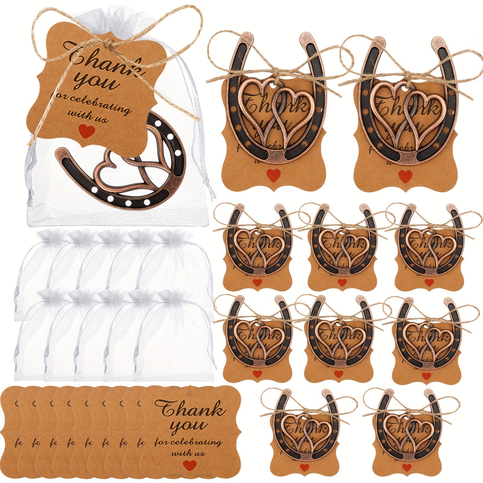 

10 Pcs Rustic Heart Horseshoe Ornaments With Kraft Tags, Twine, And Clear Bags - Perfect For Wedding, Bridal Shower, Birthday Party, Or Any Festive Occasion - Metal Miniature Decorative Horse Shoes