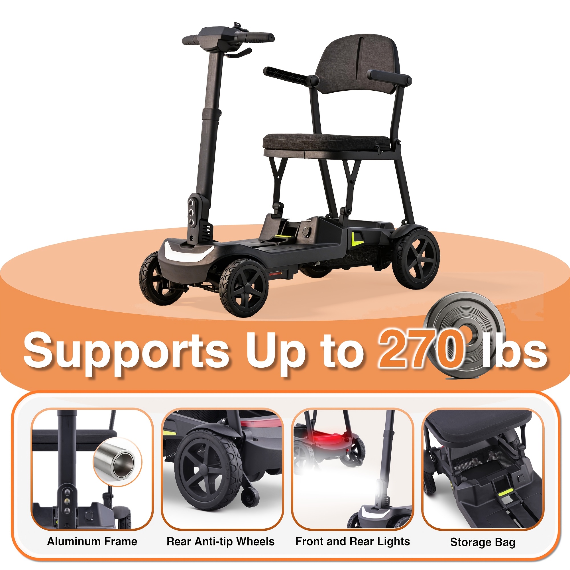 a lightweight, foldable four-wheeled electric mobility scooter suitable for seniors and adults,   with dual removable batteries, meeting air travel  , offering a long range, and a   of 5 mph Product details 0