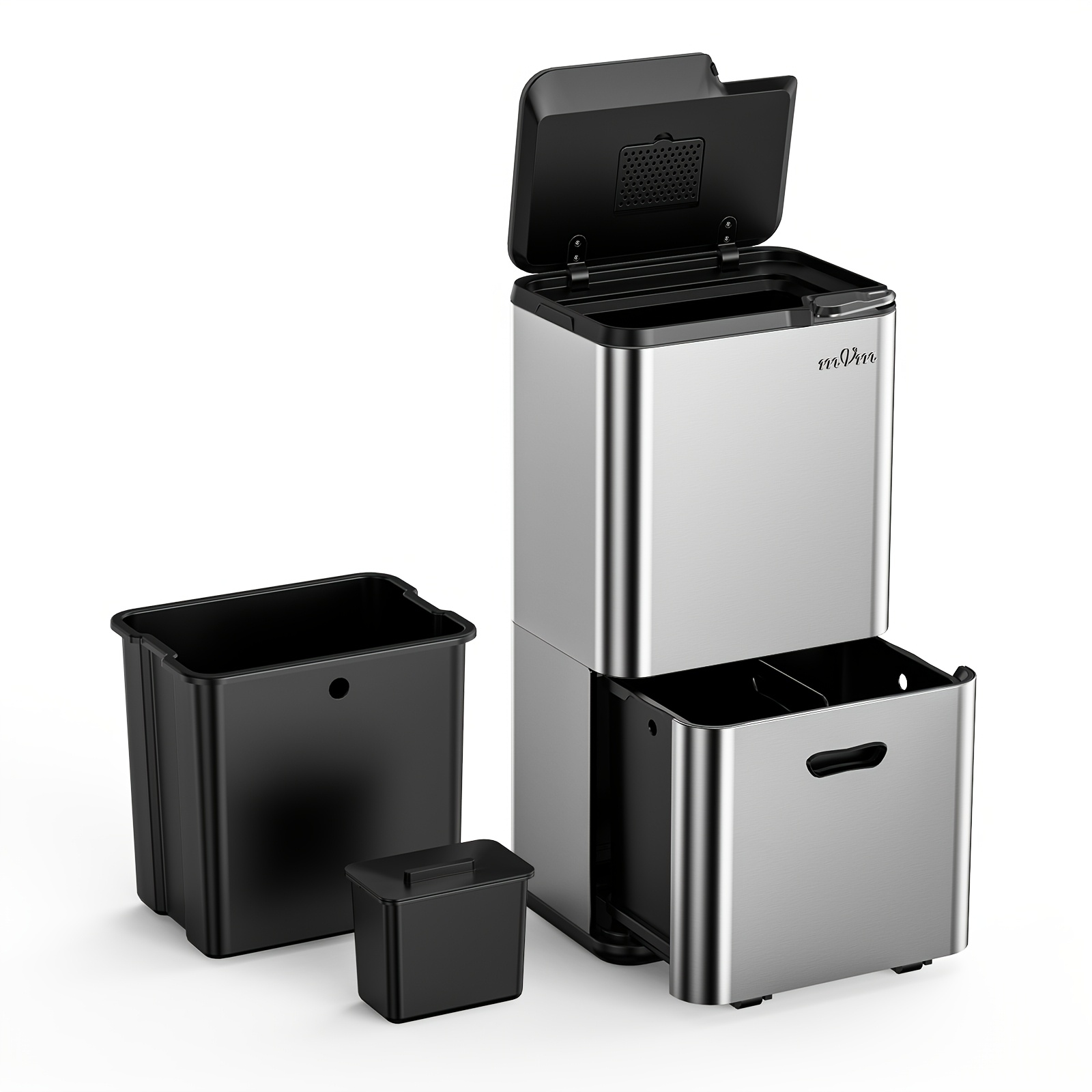TEMU Mvm 63l Stainless Steel 3-compartment Trash Bin | Drawer + Button Pedal 2 Switching | & | 3 Removable Buckets | & Rustproof | Suitable For