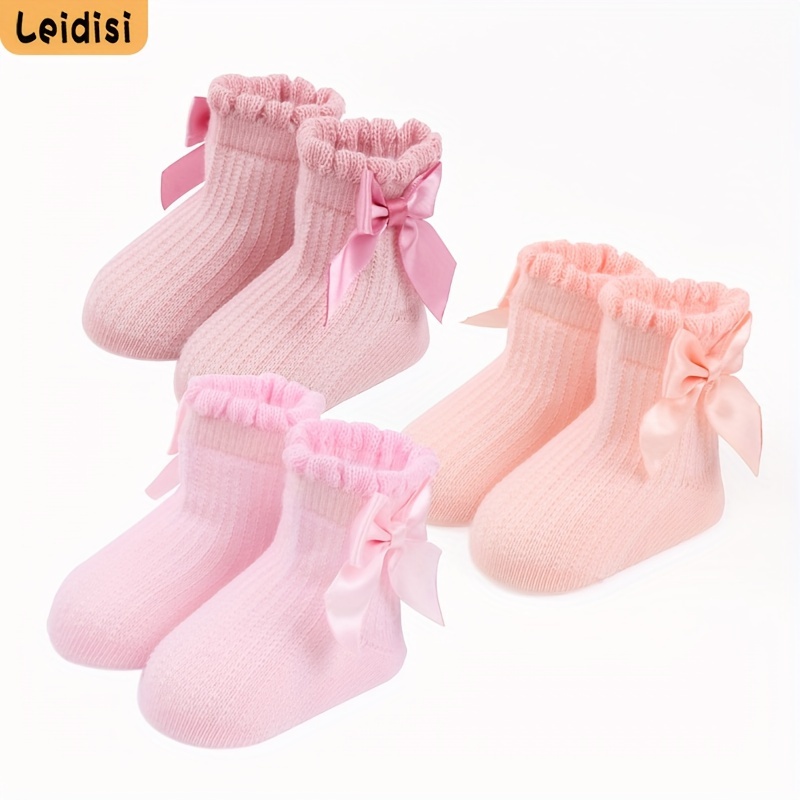 

4 Pairs Of Kid's Cute Crew Socks With Bow Decor, Comfy Breathable Princess Style Socks For Daily Wearing