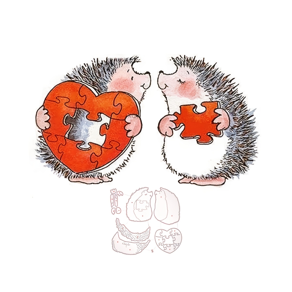 

Love Sweet Puzzle Kiss Hedgehog Cutting Dies Valentine's Day Animal Character Metal Embossing Stencil For Diy Scrapbooking Gift Card Craft