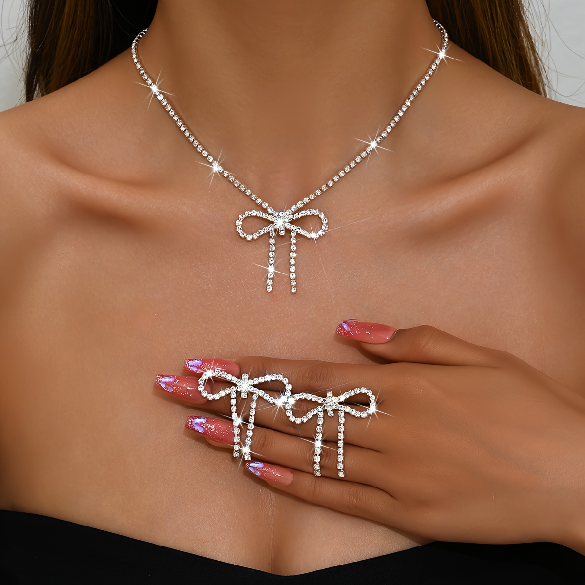 Rhinestone Bow Jewelry Set Silvery Sparkly Crystal Bowknot Pendant Necklace Dainty Dangle Prom Earrings Sets For Women (without Box)