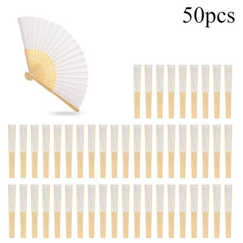 50pcs 100pieces white paper fan wedding folding paper fan bamboo hand held folding fan wedding fan suitable for dancing party painting photo prop wall decoration