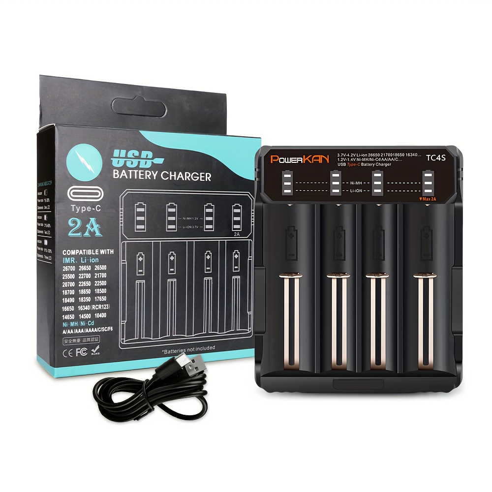 Image of 1 Powerkan Ni-mh/lithium Battery , 4-slot Led Smartly Identifies Battery Type, Compatible With 3.7v Li-ion 2v Ni-mh/ni-cd Battery Charging