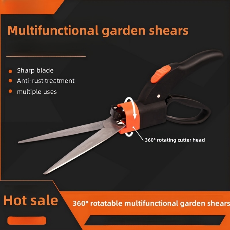 

A versatile pair of gardening scissors with 360° rotating blades for trimming household lawns and flower pots. Ideal for pruning potted plants, lawns, branches, and yard maintenance.