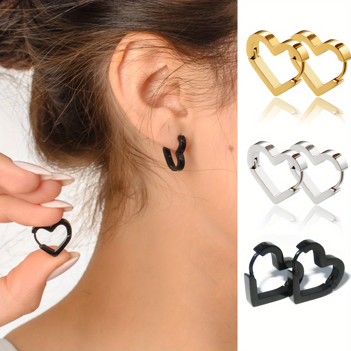 

Elegant 2pcs Heart-shaped Stainless Steel Stud Earrings Set - Hypoallergenic & Comfortable For Casual Attire Or Gifting