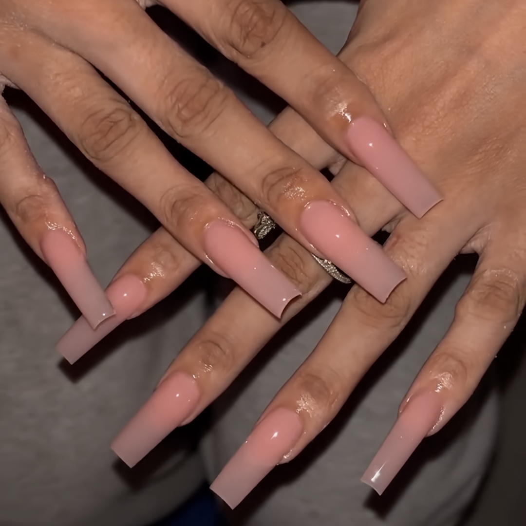 TEMU 24pcs Of Rectangular Pink Fake Nails In A Minimalist , Including 1 Nail And Jelly Glue Nail Supplies To Press On The Nails.