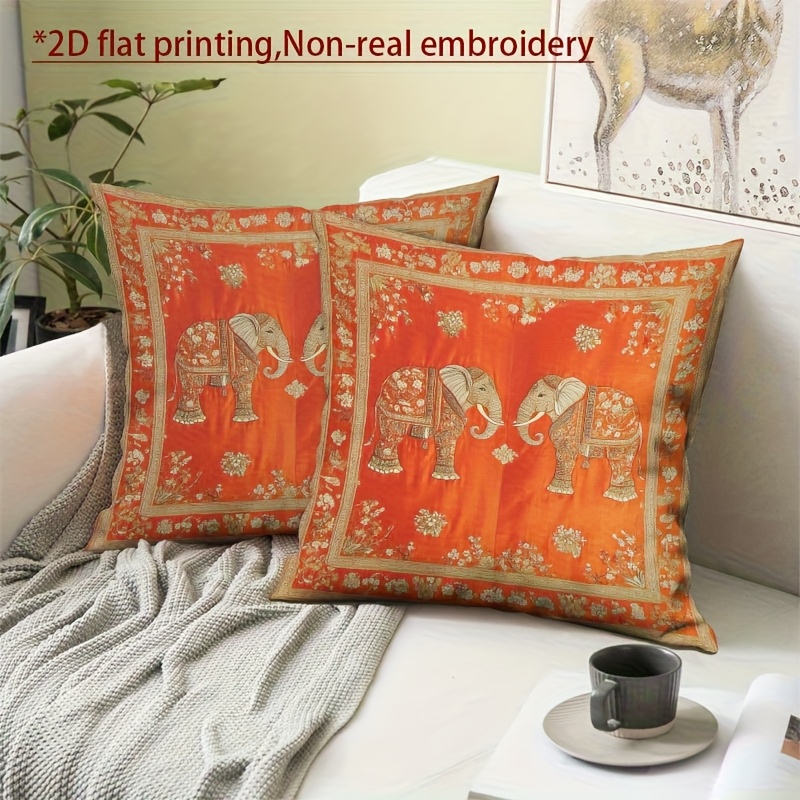 TEMU 2d Flat - 2pcs Orange Elephant Animal Pattern Decorative Pillowcases - 2d Flat Printing Non-real Embroidery, 18x18 Inches/45x45cm Throw Covers,