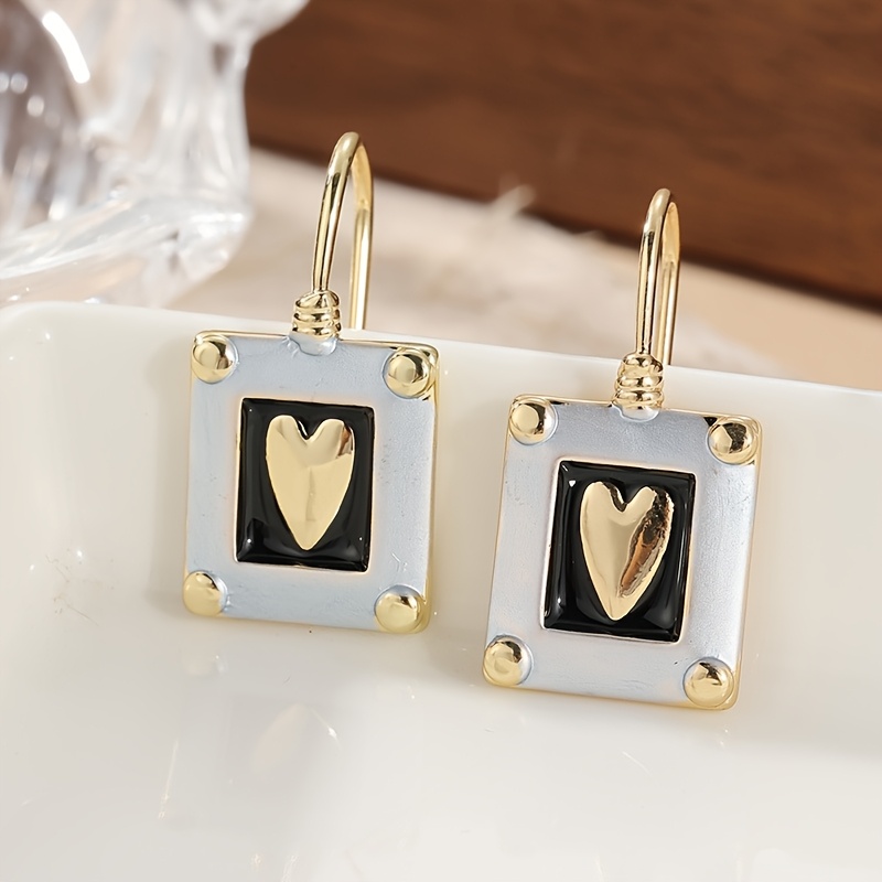 TEMU 1 Pair Of Square Copper Material Carved Heart Earrings, 2 Tone Earrings, Women's Earrings, Travel Earrings