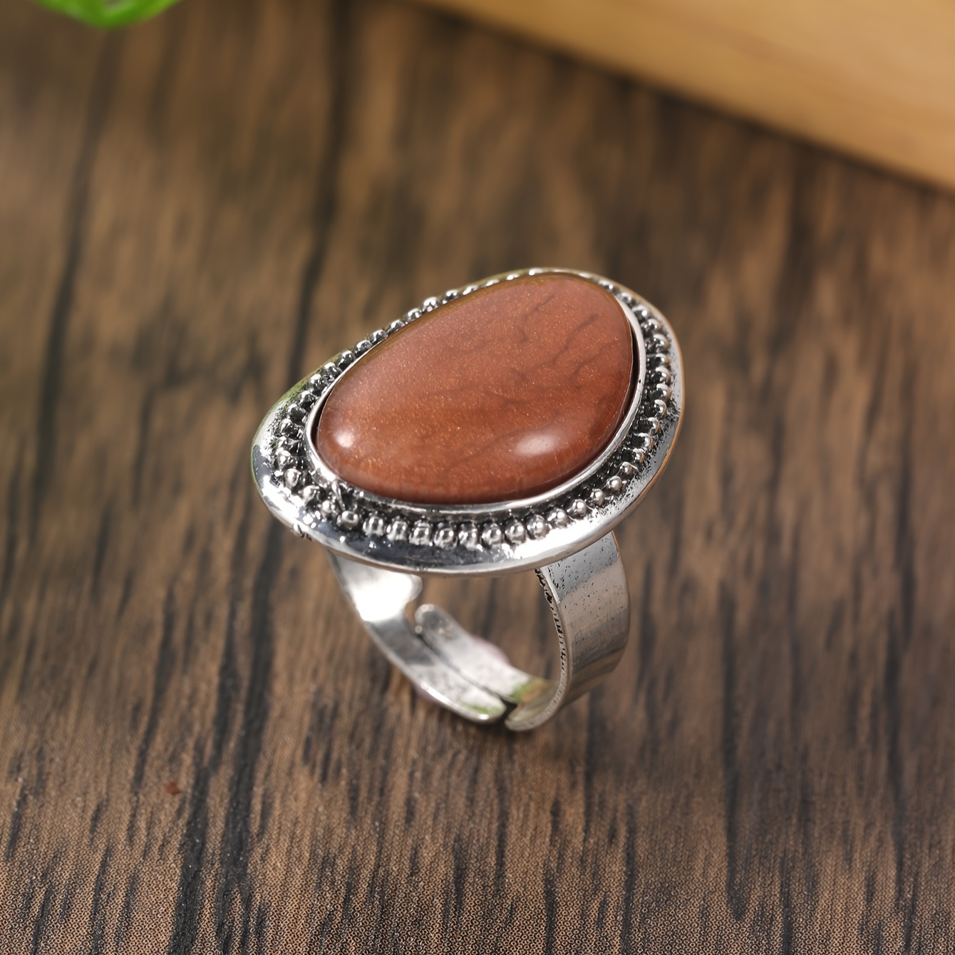 Bohemian Style Stainless Steel Open Ring with Resin Gemstone Oval Shape