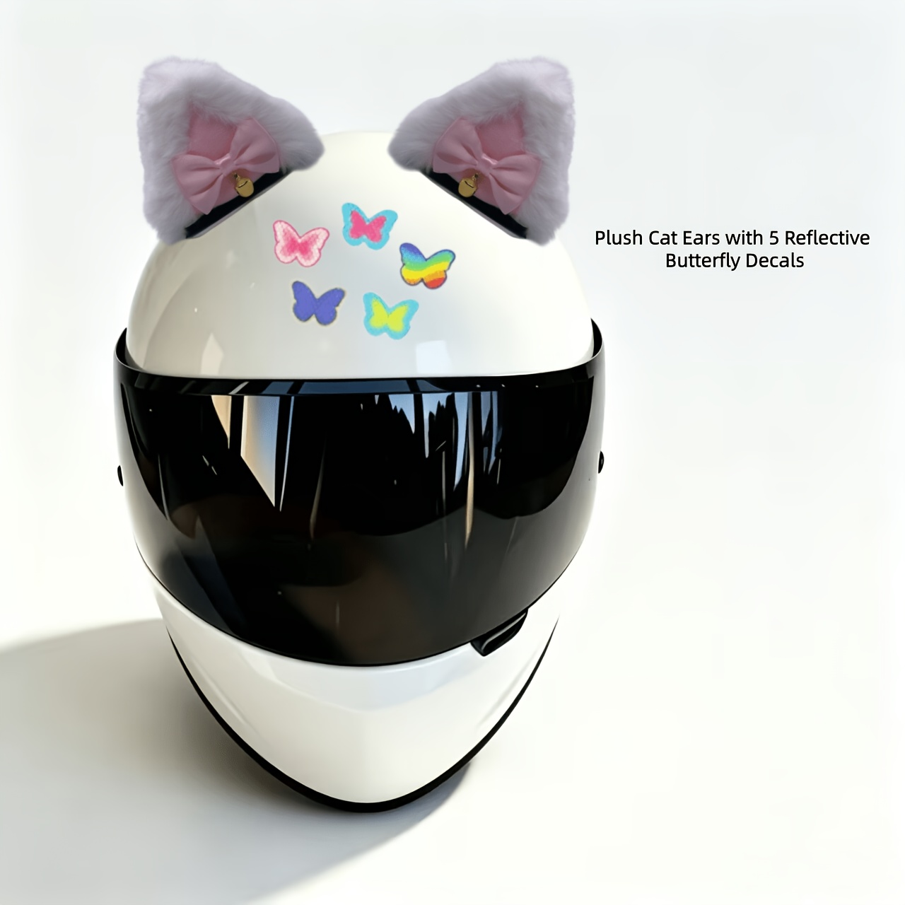 TEMU Plush Cat Ears Helmet Decor With Bow, Bell And Reflective Sticker, Safety Accessory For Motorcycle & Electric Scooter Helmet, Female Riding