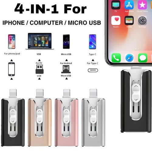 4 in 1 otg flash drive for iphone ipad usb3 0 type c 128gb 256gb photo stick with type c port for usb c phones iphone thumb drives with backup function