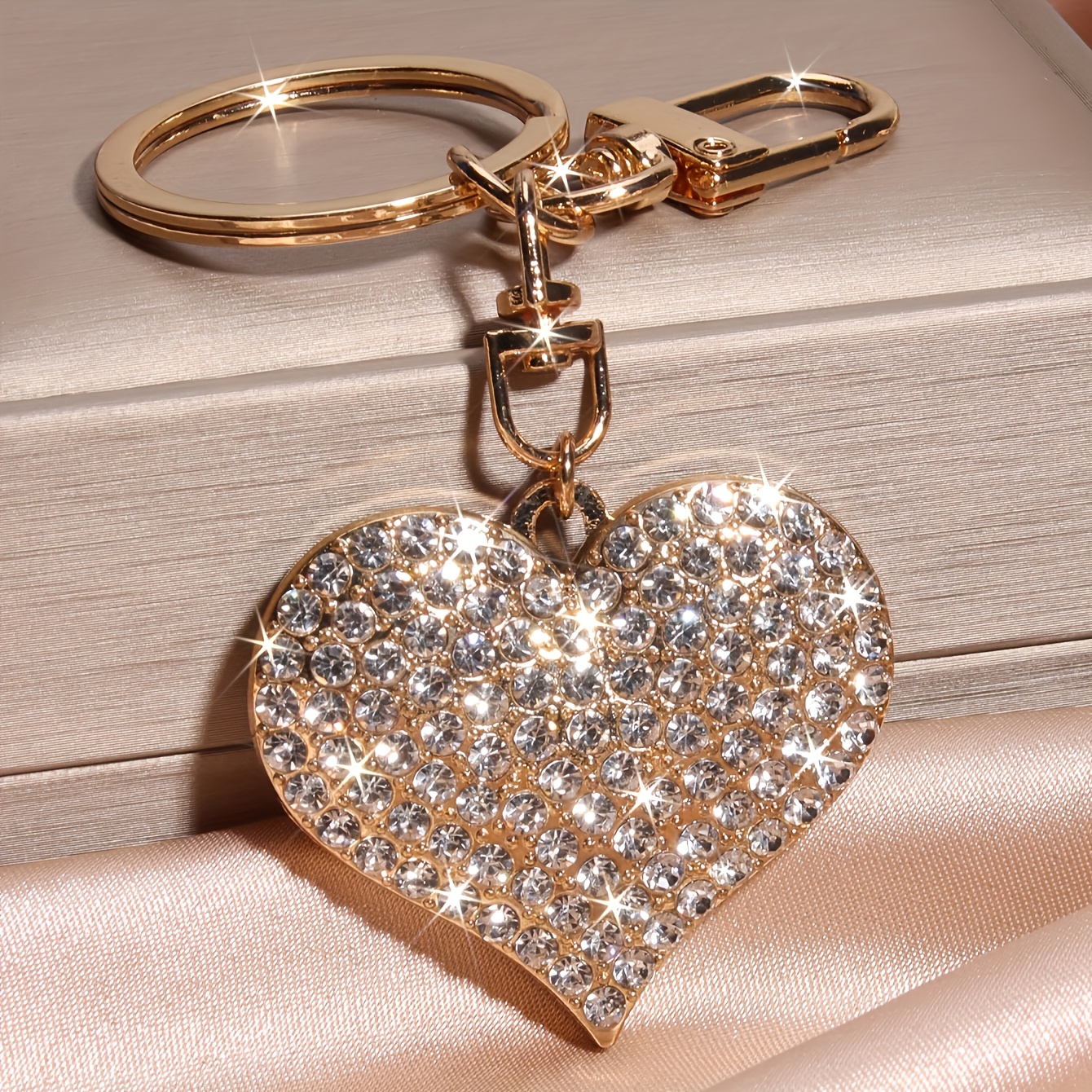 TEMU 1pc -encrusted Keychain With Interlocking Hearts - Golden Rhinestone Charm Suitable For Keys, Bags, Car - Elegant Unisex Accessory For , Durable