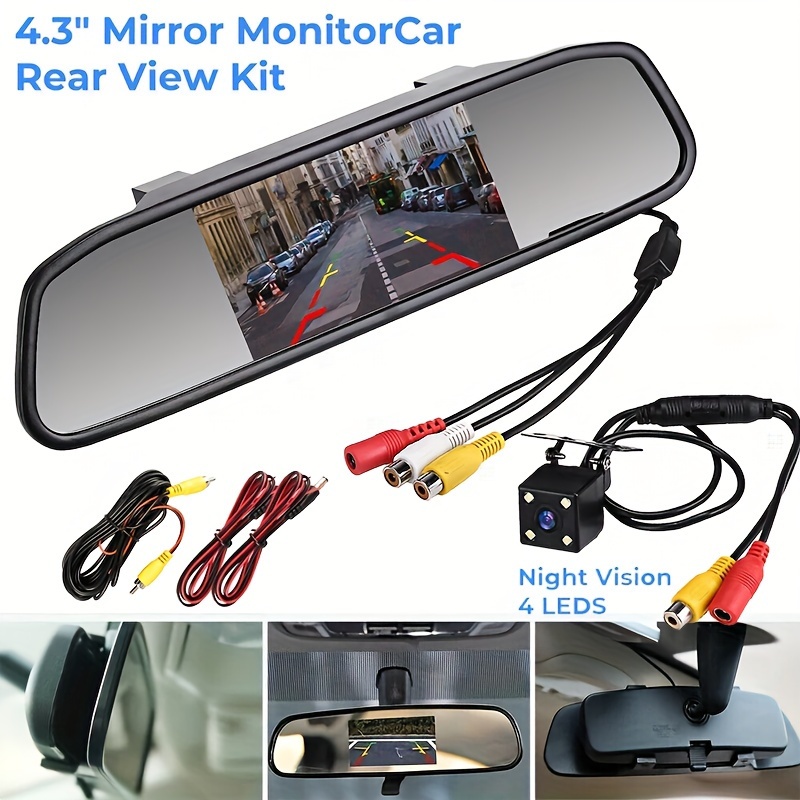 thumbnail interactive-video image 1 of 4.3" LCD Car Rear View Mirror Monitor With 4-LED Reverse Backup Camera, 170° Wide Angle, Waterproof 1 of 3