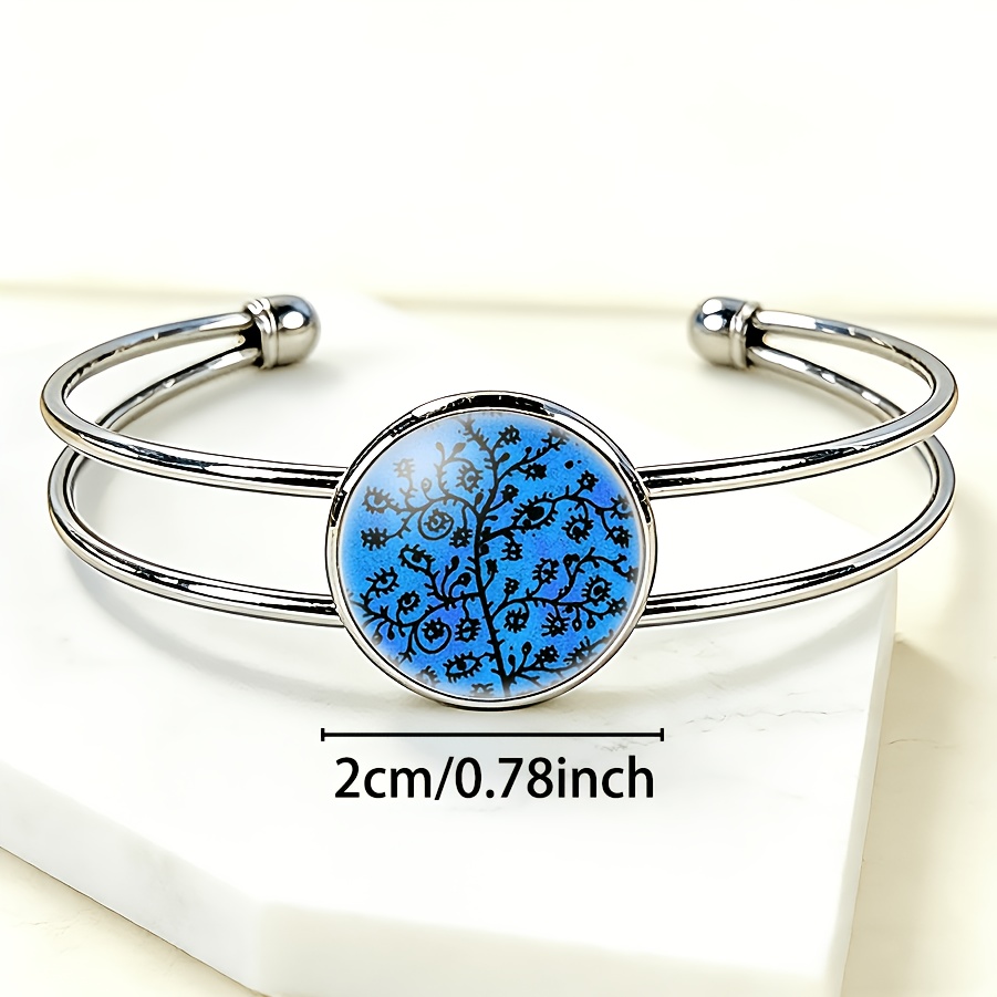 Adjustable Open Bangle with Blue Abstract Pattern