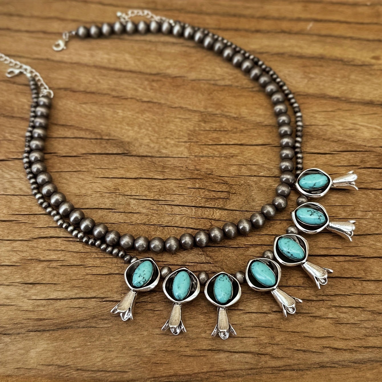 TEMU Set Of 2 Bohemian Western Country Style Necklaces Featuring Unique Synthetic Turquoise Designs With Gray Ccb Handmade Beads, Everyday Vacation