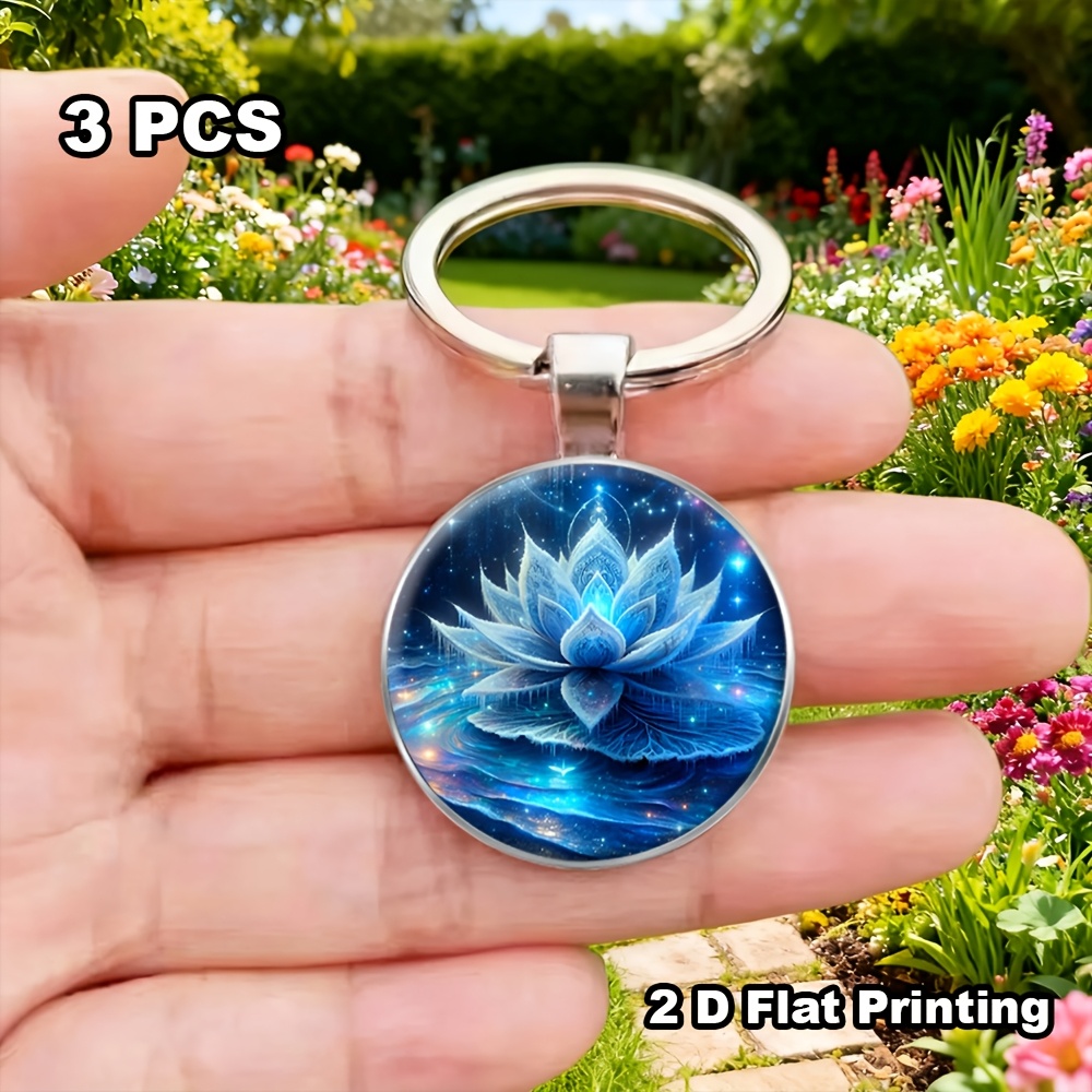 Exquisite 3pcs Ice-Blue Lotus Pattern Keychain Set