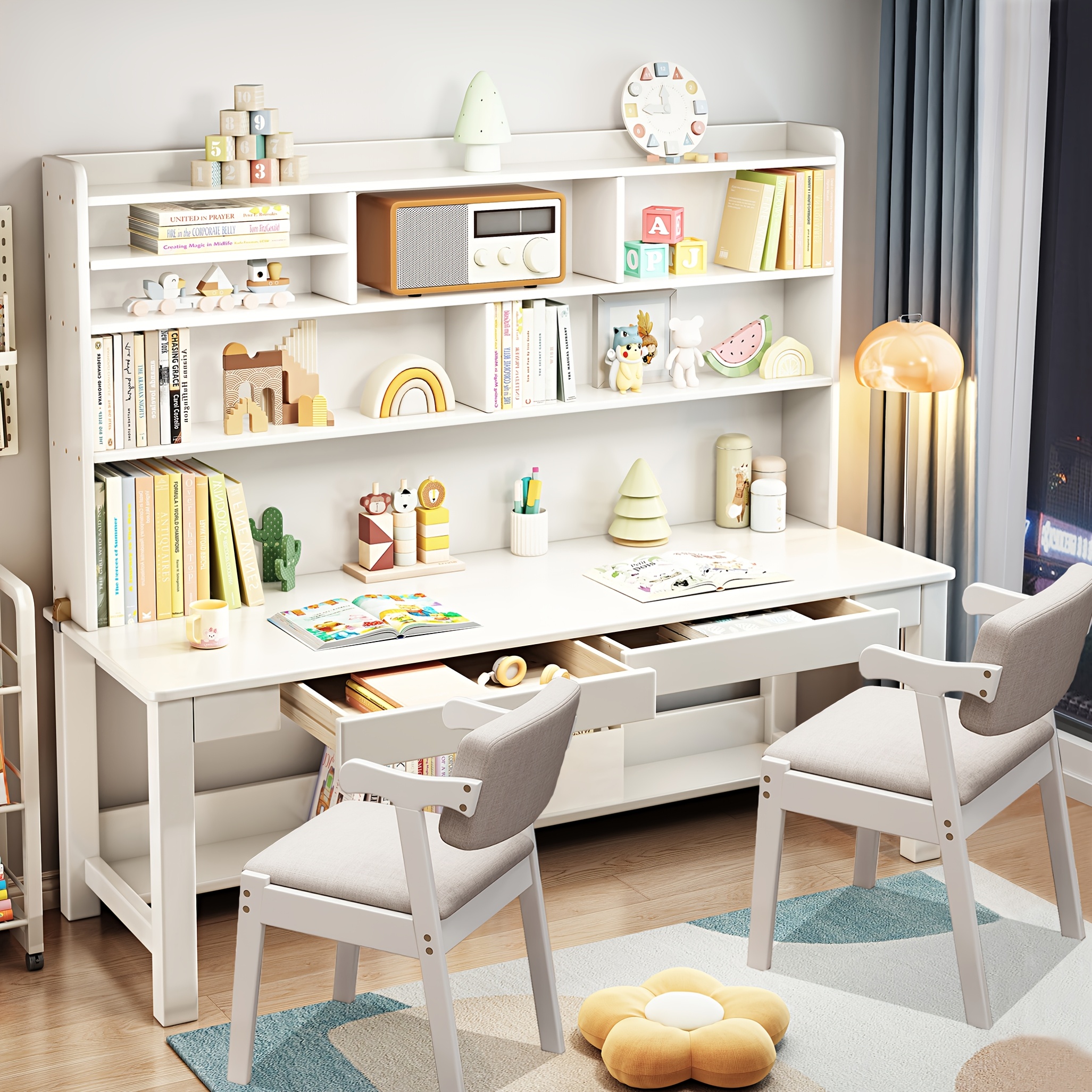 63 modern solid wood desk with built in bookshelf 2 chairs space saving writing desk shelf combo suitable for small apartments dorm rooms study desk assembly Product details 2