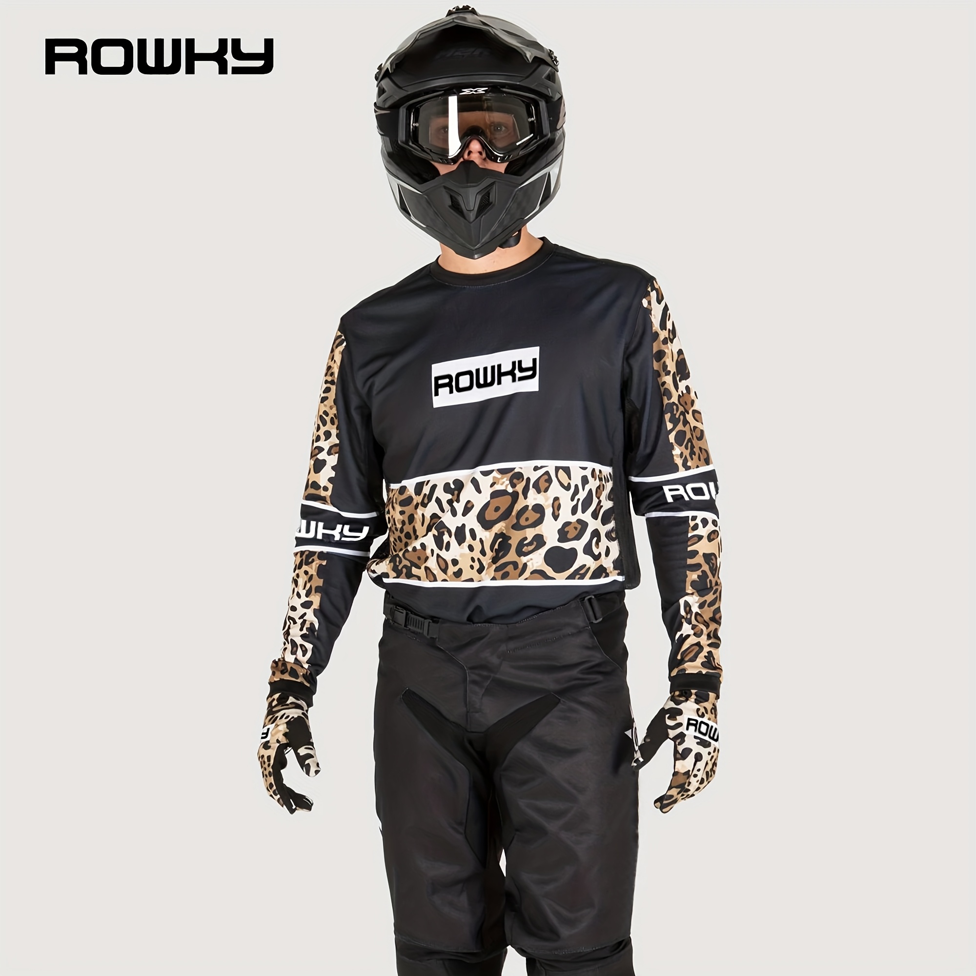 rowky mens motocross racing jersey leopard print breathable moisture wicking 100 polyester loose fit long sleeve motorcycle off road cycling top for downhill mountain bike riding