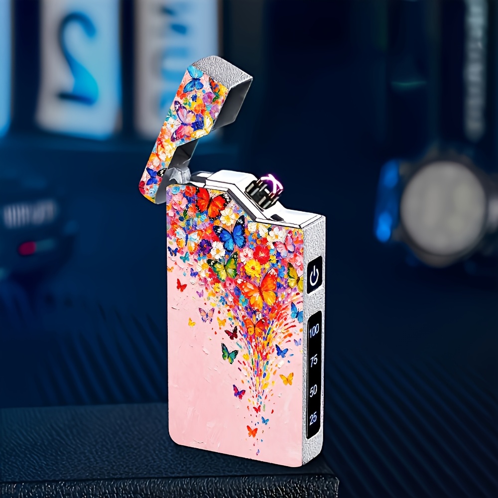 TEMU 1 pièce Briquet électronique rechargeable élégant et avec affichage de , double arc pour une utilisation en extérieur, imprimé motif mural