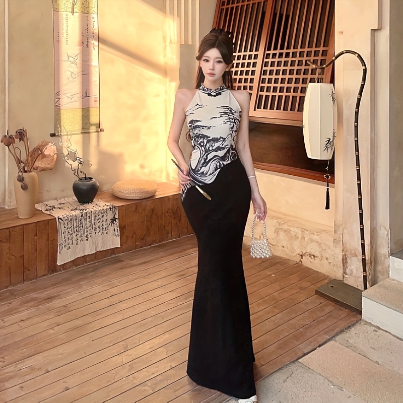 chinese dress for women Romantic Blue Floral Vintage Qipao Cheongsam Dress for Women Blue / S