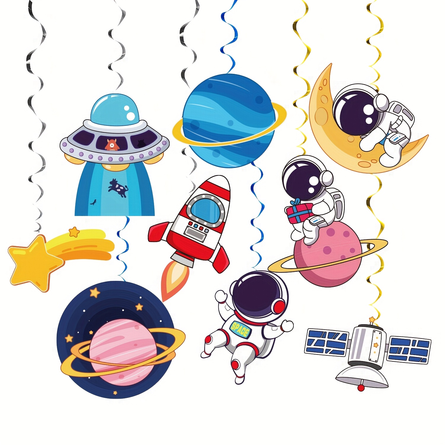 Image of 18/48-piece Astronaut Spiral Party Hanging Decorations, Outer Space Party Decor Set For Astronaut-themed Birthday Celebrations, , Planets, Stars, And More! Space Party Decorations
