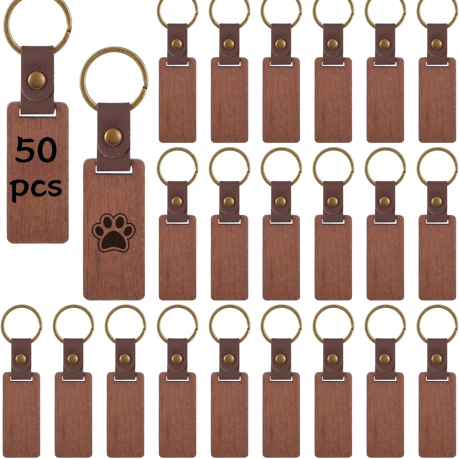Image of 50/75pcs Wooden Keychains With Blank Laser-compatible Buckles - Diy Paintable Bars For Logos, Favors, Pet Tags & Promotional Giveaways - Diy-ready Keychain Blanks